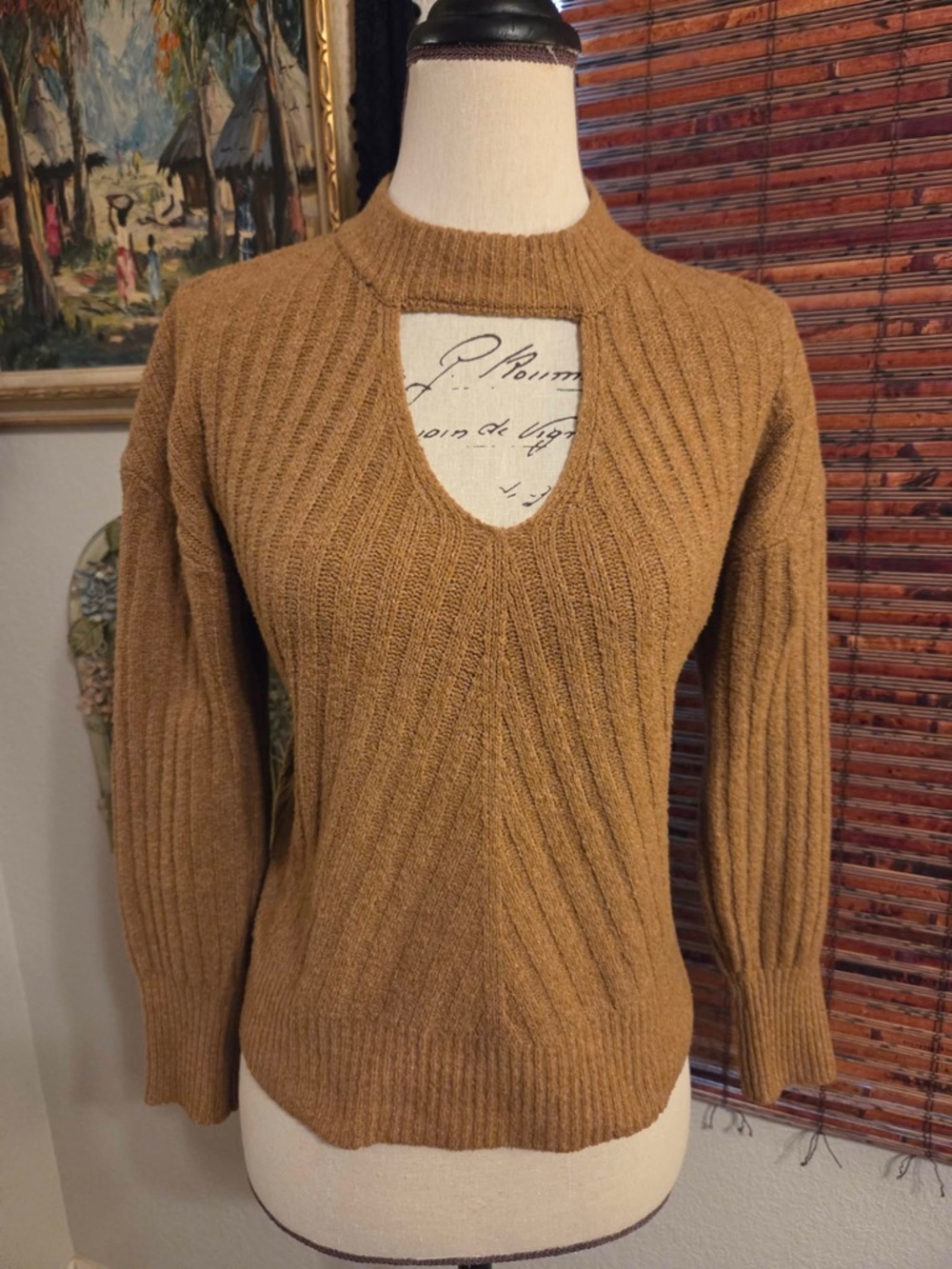 Hippie Rose Ribbed Scoop Keyhole Sweater in Camel Brown